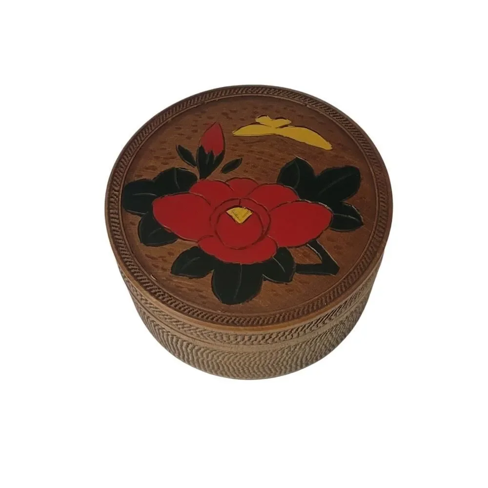 Vintage 20th Century Japanese Hand Carved Box and 6 Coaster‎ Set Floral Flowers